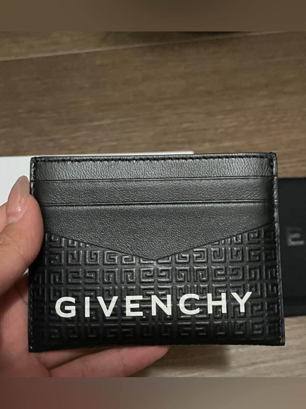 Givenchy G embossed black leather card case with box